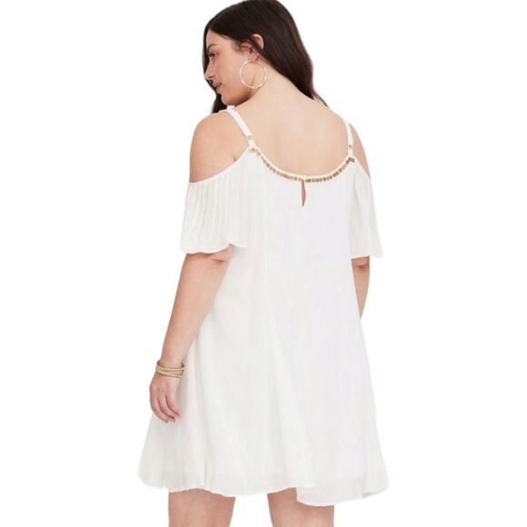 TORRID MINI IVORY GAUZY Cold Shoulder Trapeze dress With Gold Sequins - Picture 12 of 16